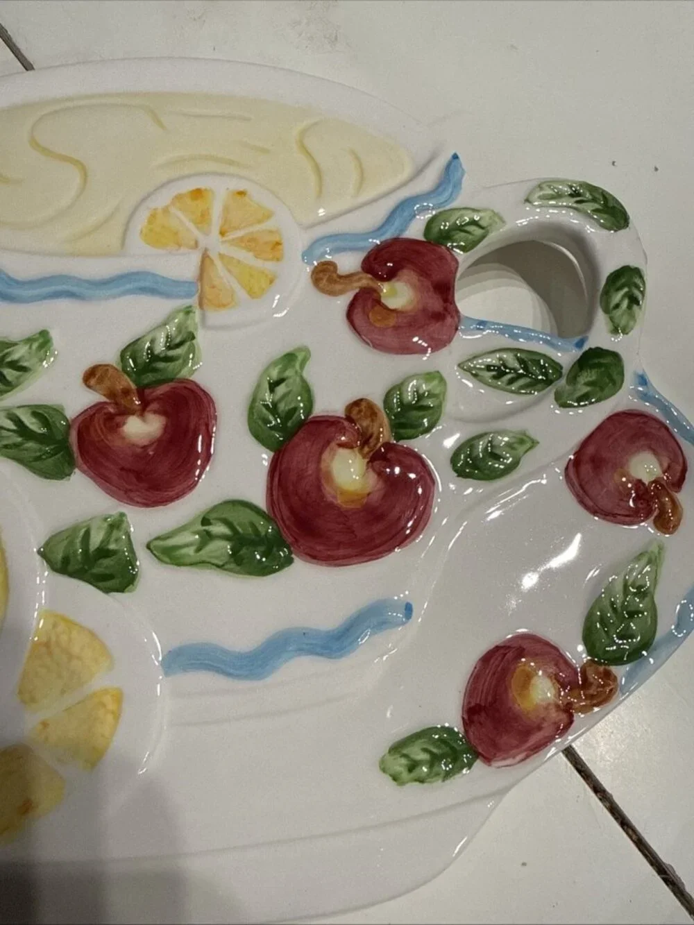 Ceramic Teacup Decorative Accent with Lemons and Cherries Wall Hanging.